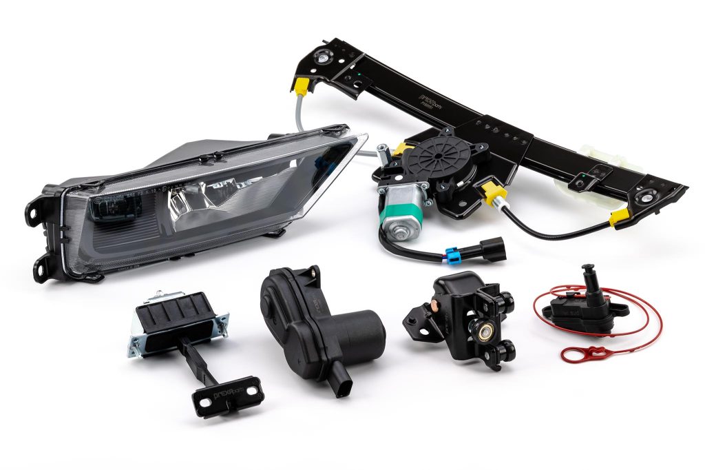 Verschiedene Karosserieteile wie Scheinwerfer, Fensterhebermotor und Verriegelungssysteme – PREXAparts B2B-Plattform für hochwertige Kfz-Ersatzteile.