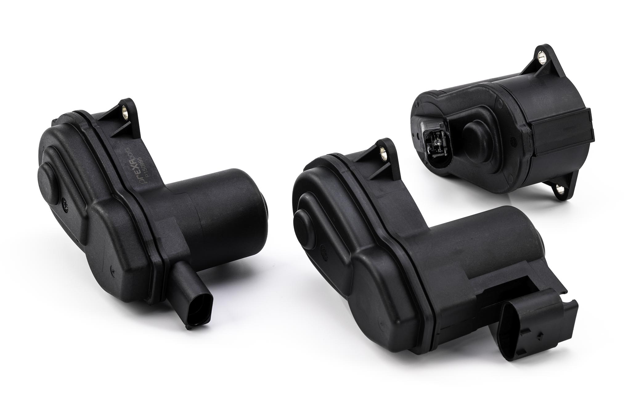 „PREXAparts Stellelement der Feststellbremse aus schwarzem Kunststoffgehäuse, seitlich angeordnet, sichtbar mit Montagepunkten und elektrischem Anschluss.“