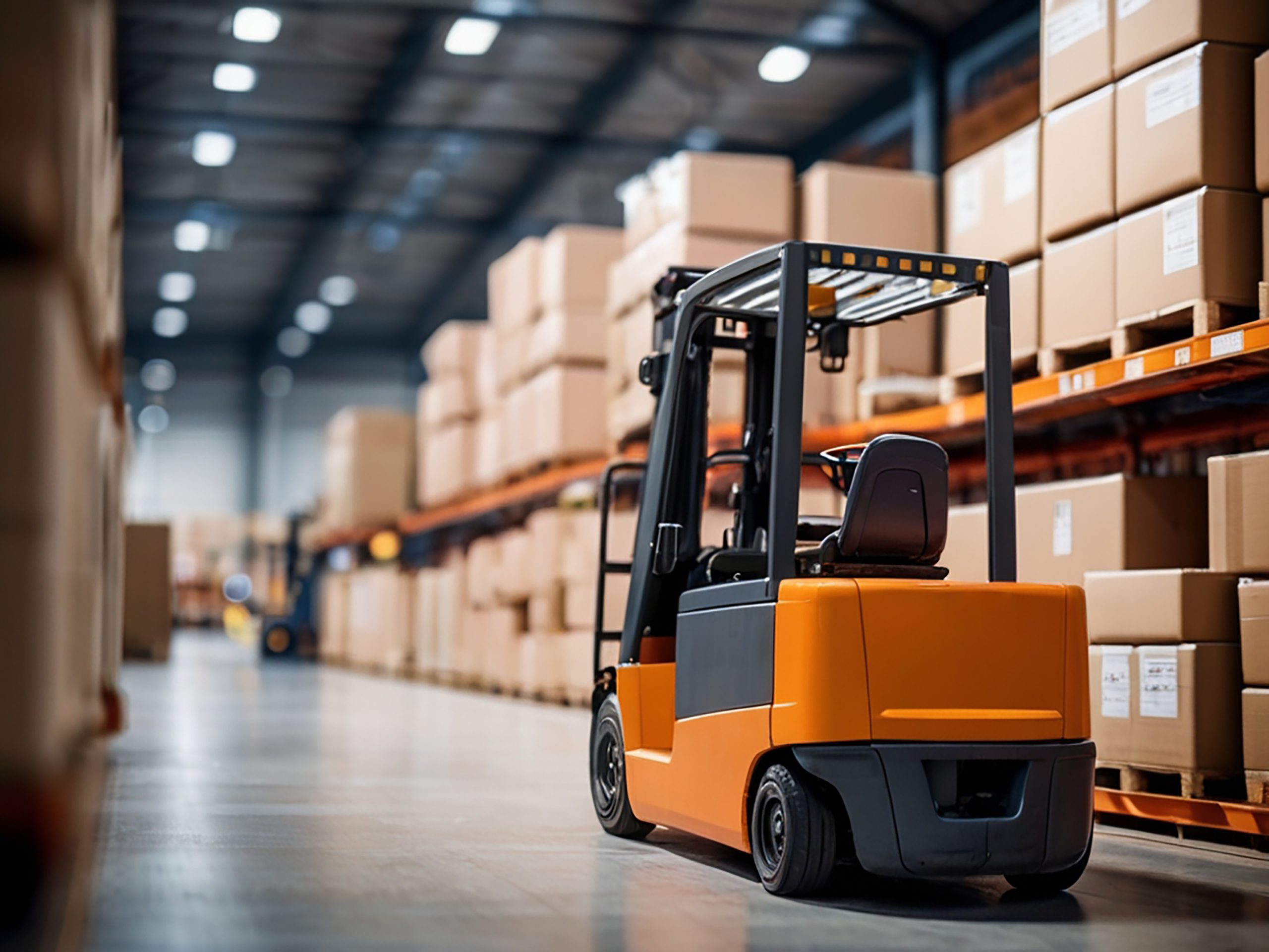 Gabelstapler zwischen hohen Regalen in einem Warenlager – PREXAparts arbeitet mit effizienter B2B-Logistik für den professionellen Autoteile-Großhandel.